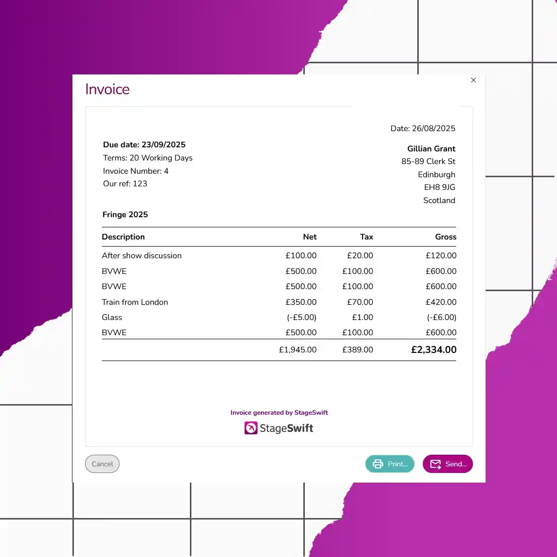 Screen shot of an example invoice